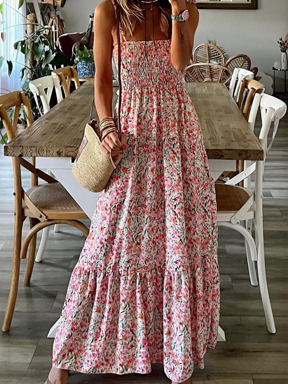Bohemian Chic White Floral Maxi Dress with Ruffled Details