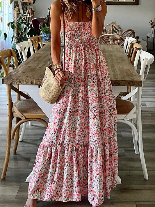 Bohemian Chic White Floral Maxi Dress with Ruffled Details