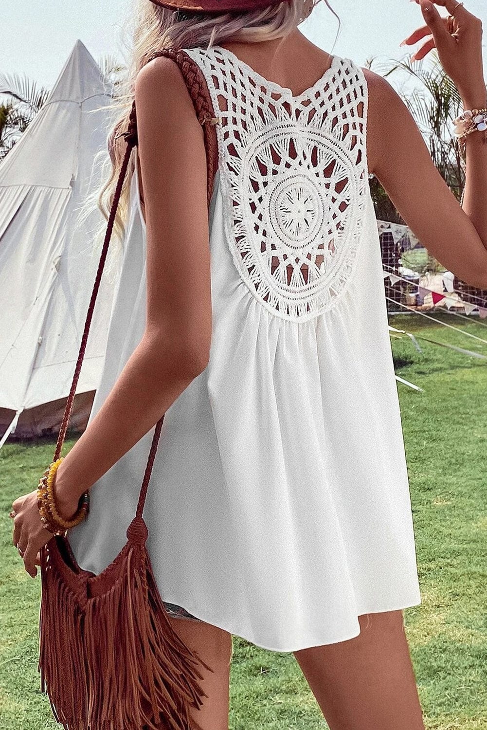 Bohemian Crochet Patchwork V-Neck Tunic Top