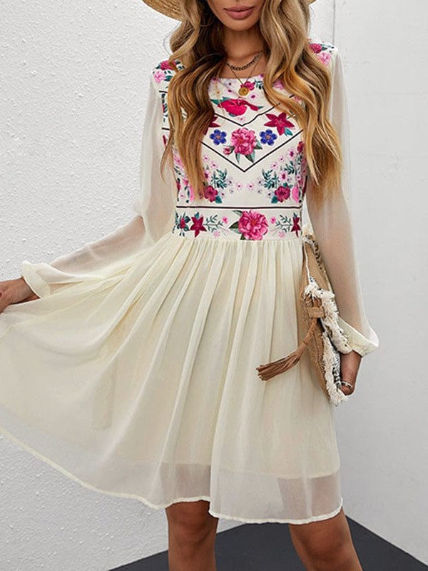 Bohemian Floral Midi Dress with Chiffon Sheer Sleeves