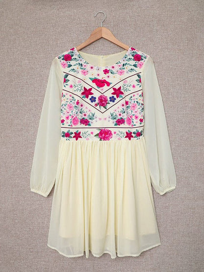 Bohemian Floral Midi Dress with Chiffon Sheer Sleeves