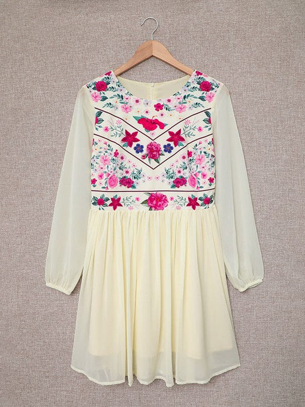 Bohemian Floral Midi Dress with Chiffon Sheer Sleeves