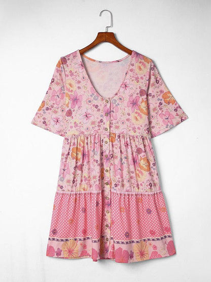 Bohemian Floral Print V-Neck High-Waisted Dress with Puff Sleeves