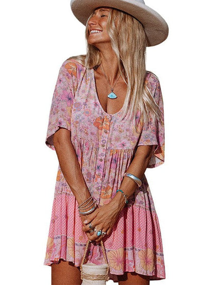 Bohemian Floral Print V-Neck High-Waisted Dress with Puff Sleeves