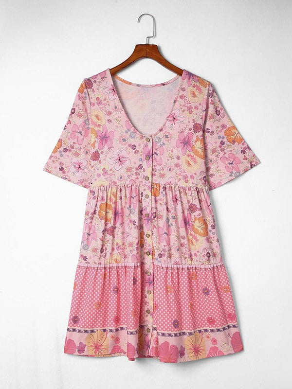 Bohemian Floral Print V-Neck High-Waisted Dress with Puff Sleeves