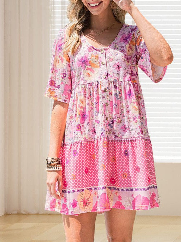 Bohemian Floral Print V-Neck High-Waisted Dress with Puff Sleeves