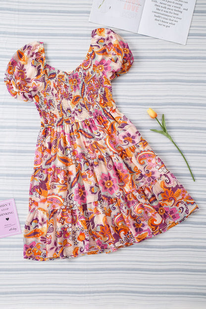 Bohemian Floral Smocked Mini Dress with Puff Sleeves