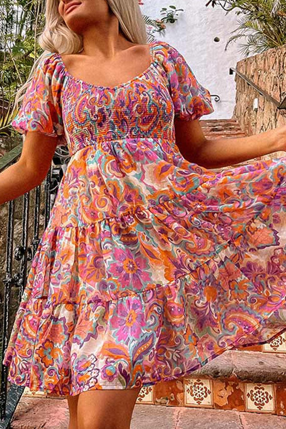Bohemian Floral Smocked Mini Dress with Puff Sleeves