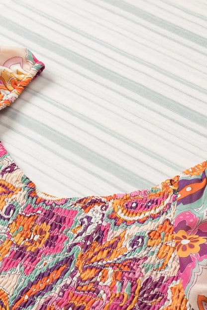 Bohemian Floral Smocked Mini Dress with Puff Sleeves