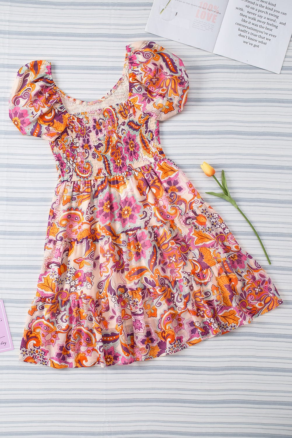 Bohemian Floral Smocked Mini Dress with Puff Sleeves