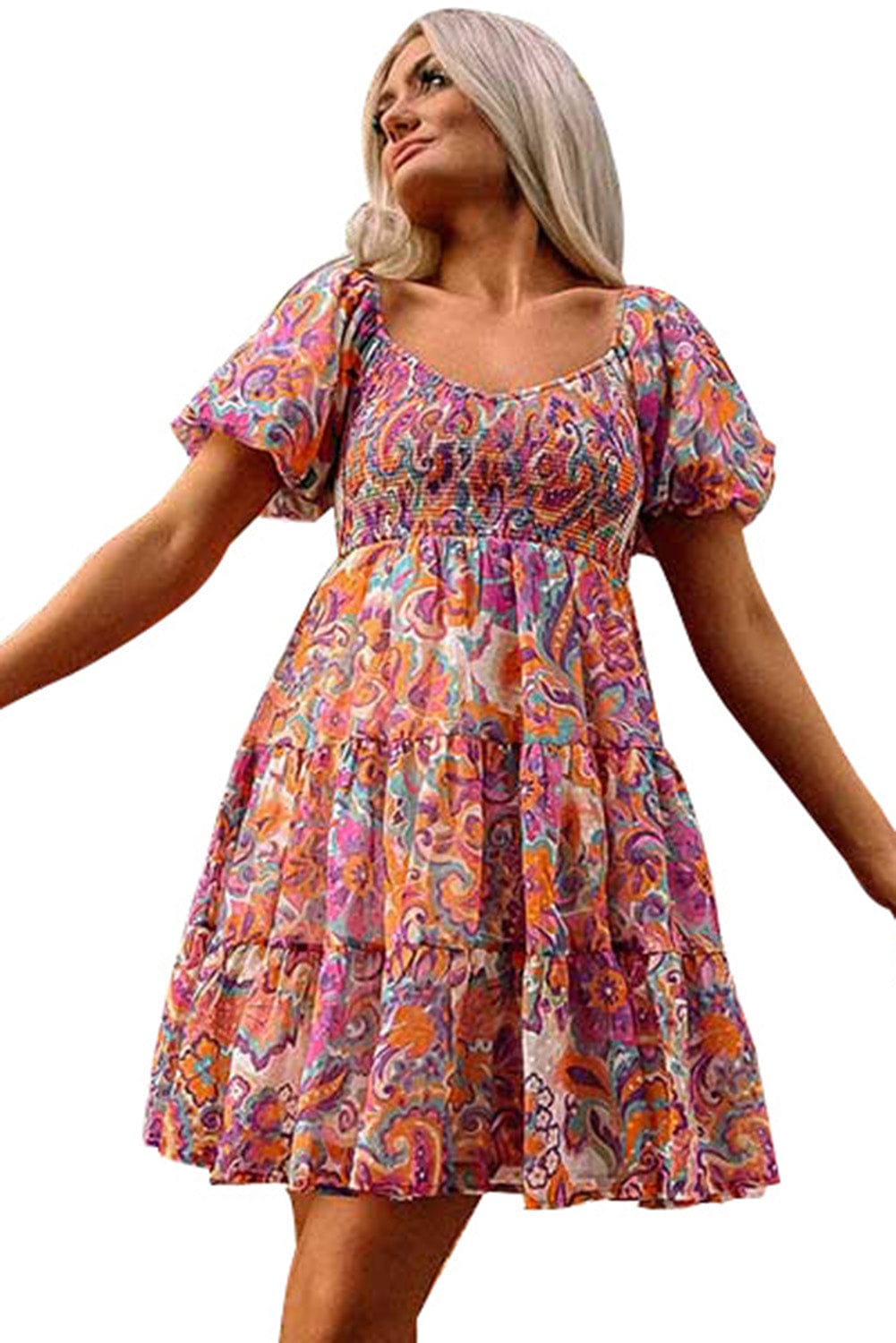 Bohemian Floral Smocked Mini Dress with Puff Sleeves