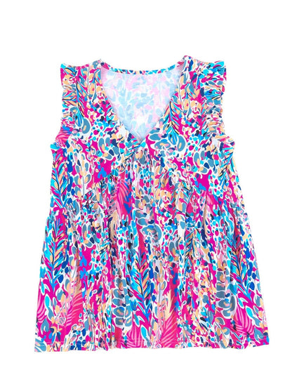 Bohemian Flounce V Neck Tank Top with Plant Pattern