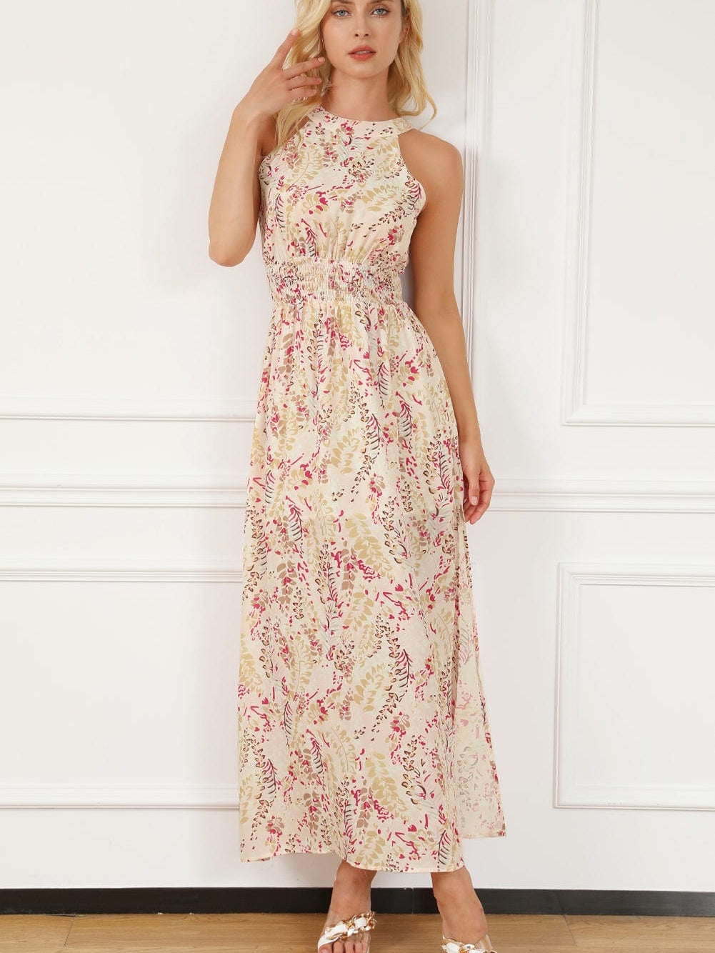 Bohemian Halterneck Maxi Floral Dress with Back Ribbon Ties