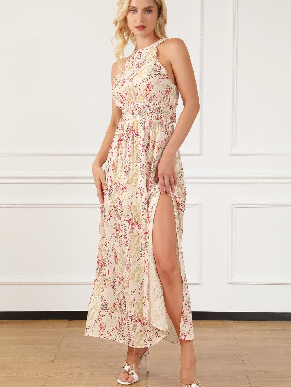 Bohemian Halterneck Maxi Floral Dress with Back Ribbon Ties