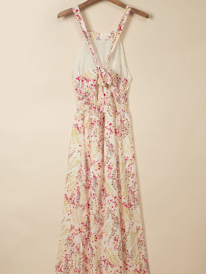 Bohemian Halterneck Maxi Floral Dress with Back Ribbon Ties