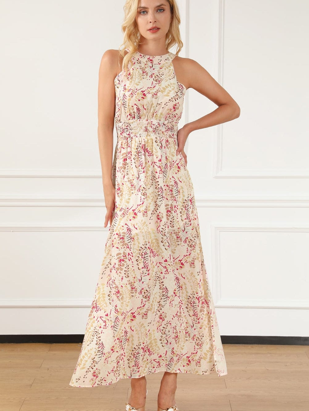 Bohemian Halterneck Maxi Floral Dress with Back Ribbon Ties