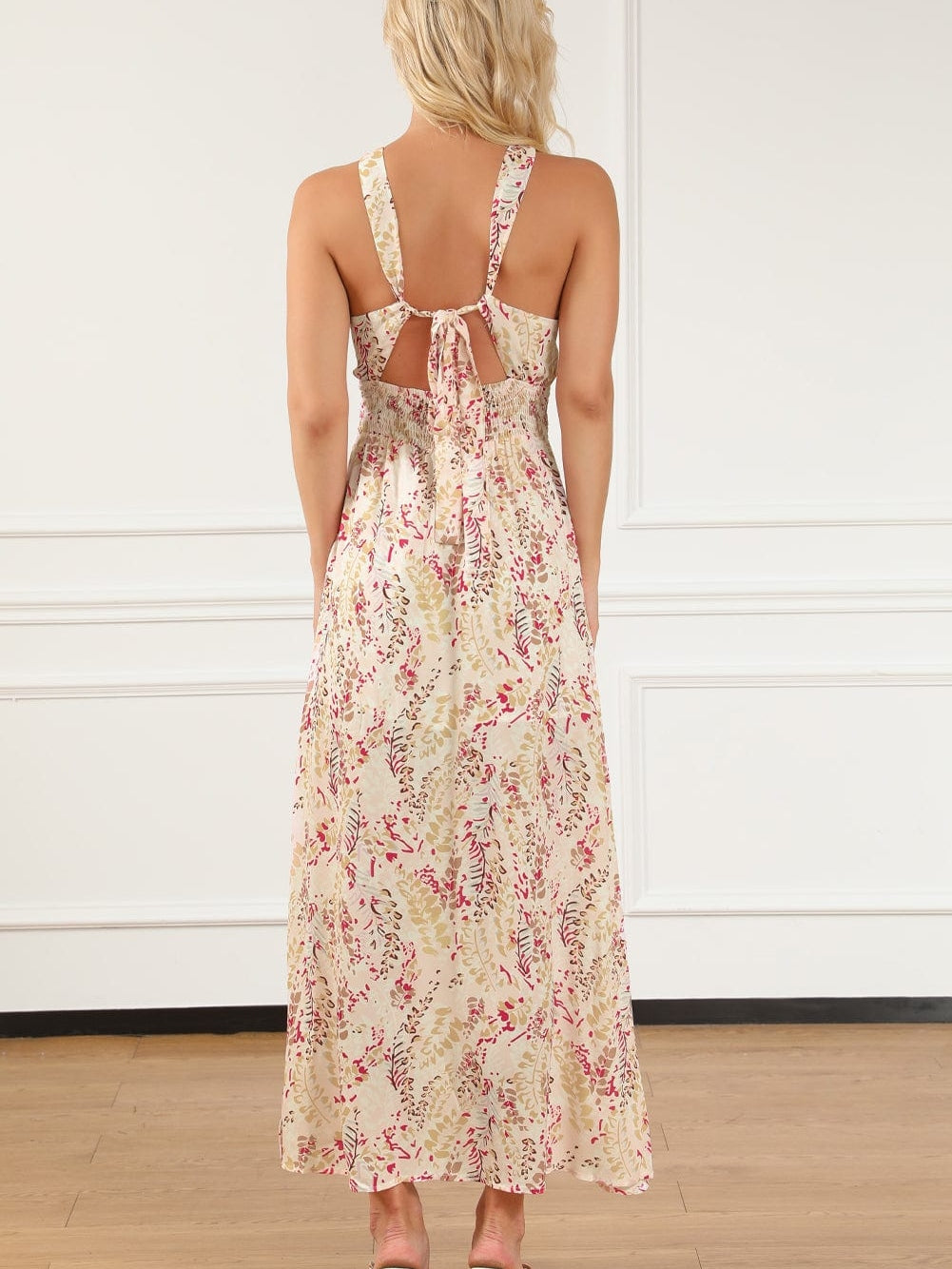 Bohemian Halterneck Maxi Floral Dress with Back Ribbon Ties
