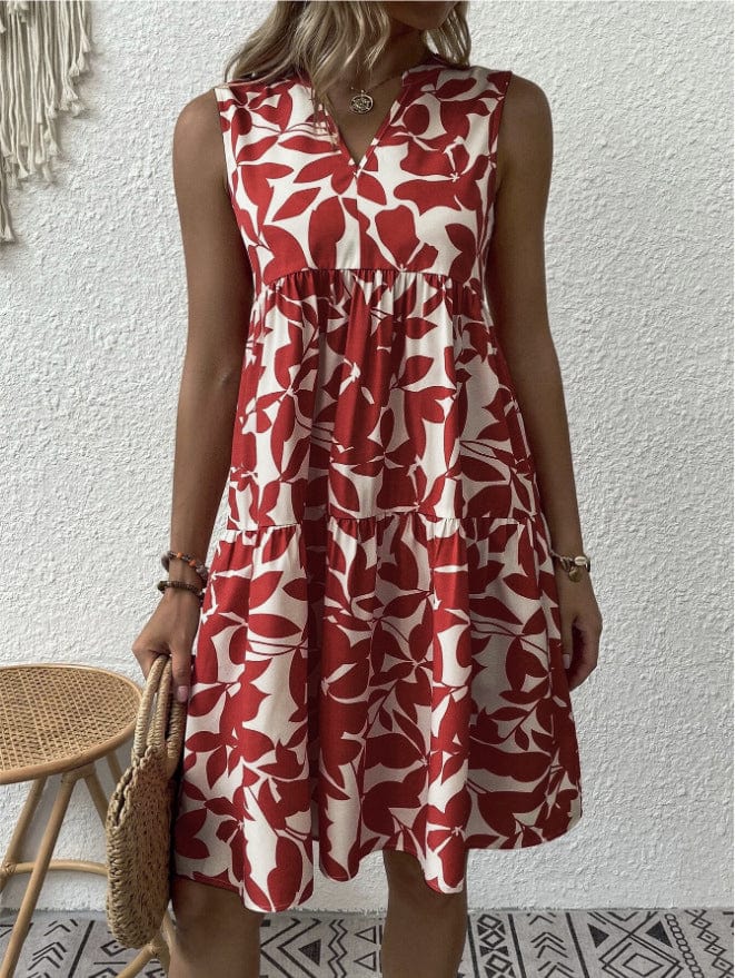 Bohemian Leaf Print Loose Pleated V-Neck Mini Dress with Fashionable Style