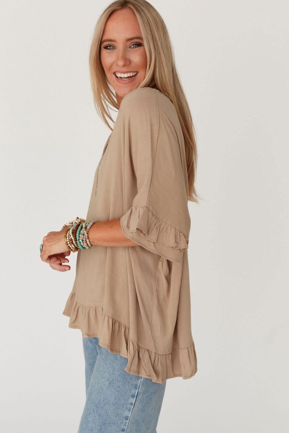 Bohemian Light French Beige V-Neck Ruffle Blouse