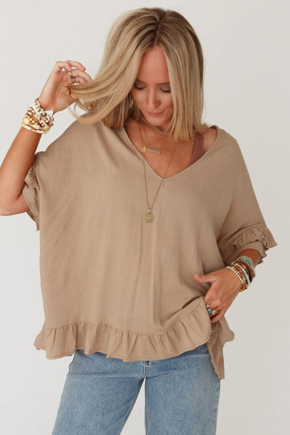 Bohemian Light French Beige V-Neck Ruffle Blouse