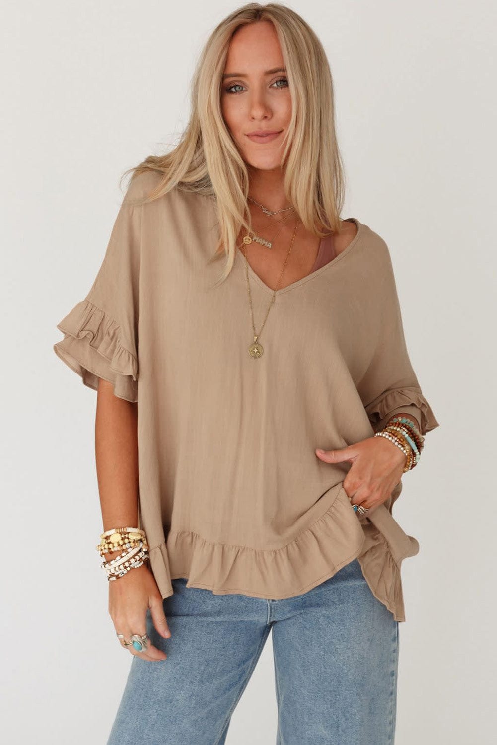 Bohemian Light French Beige V-Neck Ruffle Blouse