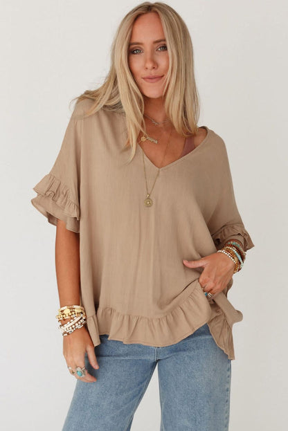 Bohemian Light French Beige V-Neck Ruffle Blouse