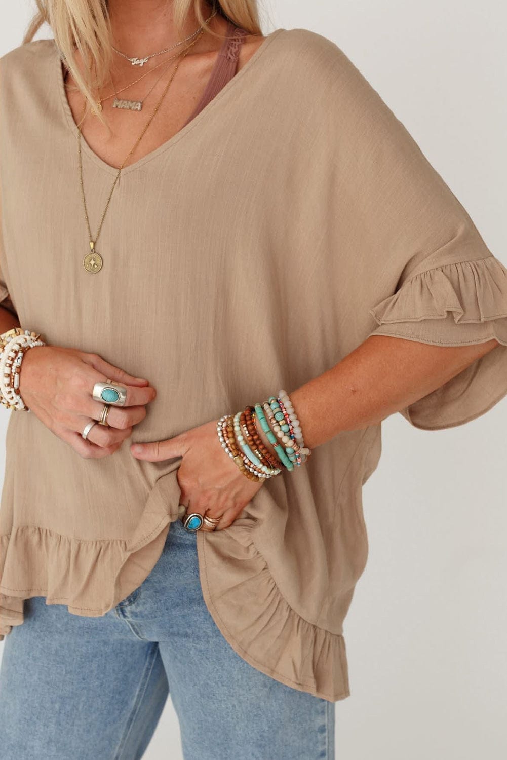 Bohemian Light French Beige V-Neck Ruffle Blouse