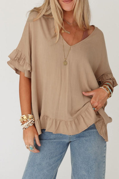 Bohemian Light French Beige V-Neck Ruffle Blouse