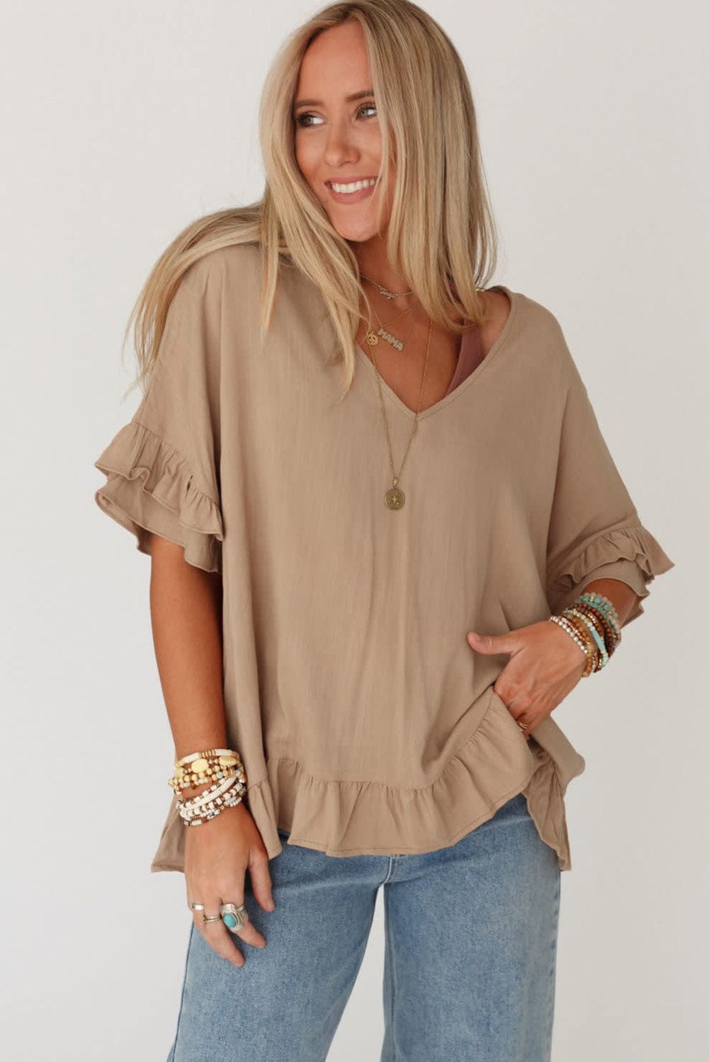 Bohemian Light French Beige V-Neck Ruffle Blouse