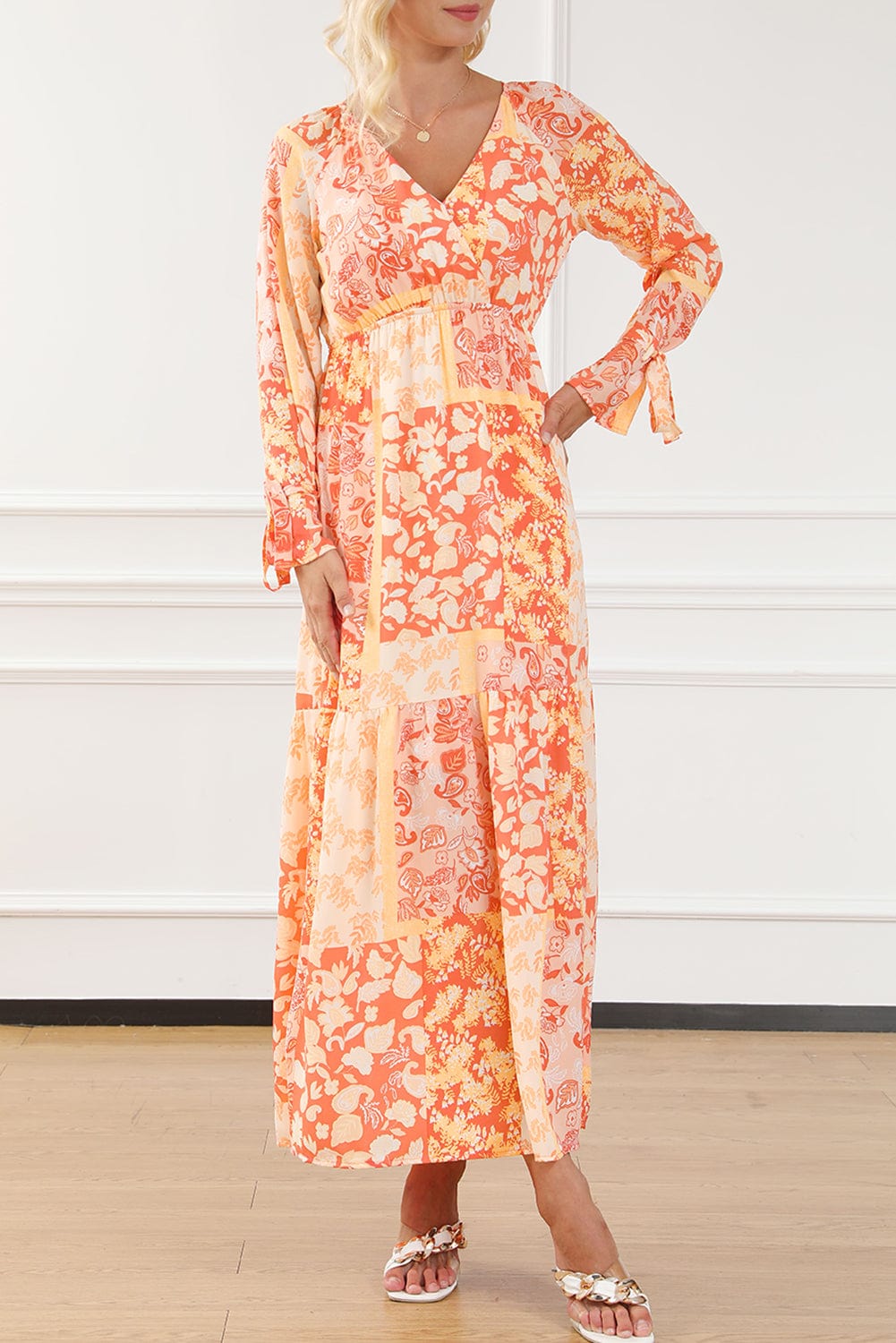 Bohemian Orange Floral Wrap Maxi Dress with V-Neck and Tie Sleeves