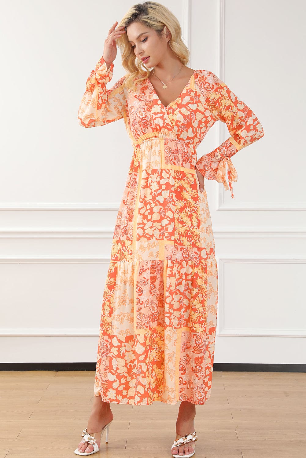 Bohemian Orange Floral Wrap Maxi Dress with V-Neck and Tie Sleeves