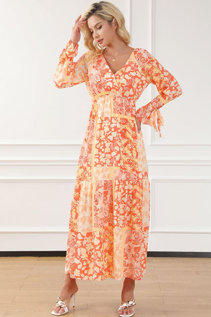Bohemian Orange Floral Wrap Maxi Dress with V-Neck and Tie Sleeves