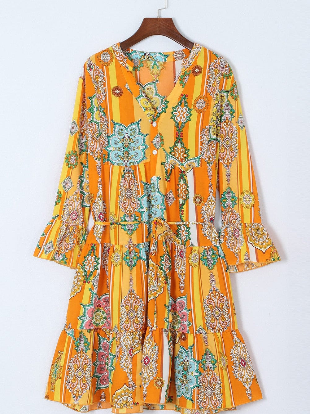 Bohemian Orange Geometric Print V Neck Mini Dress with Button Detail