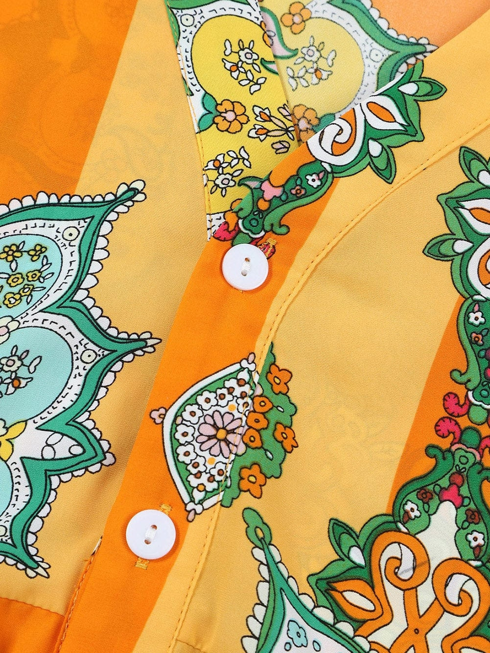 Bohemian Orange Geometric Print V Neck Mini Dress with Button Detail