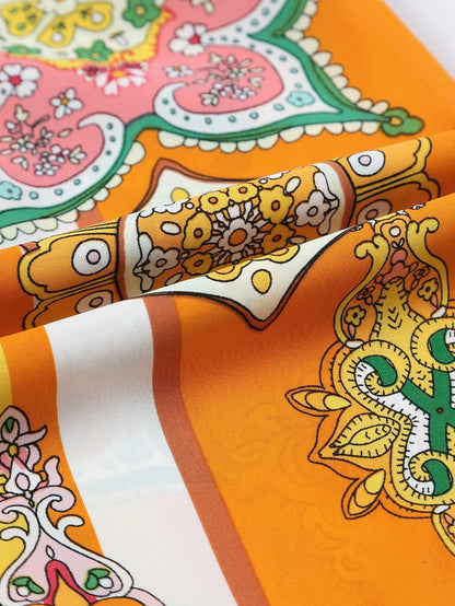 Bohemian Orange Geometric Print V Neck Mini Dress with Button Detail