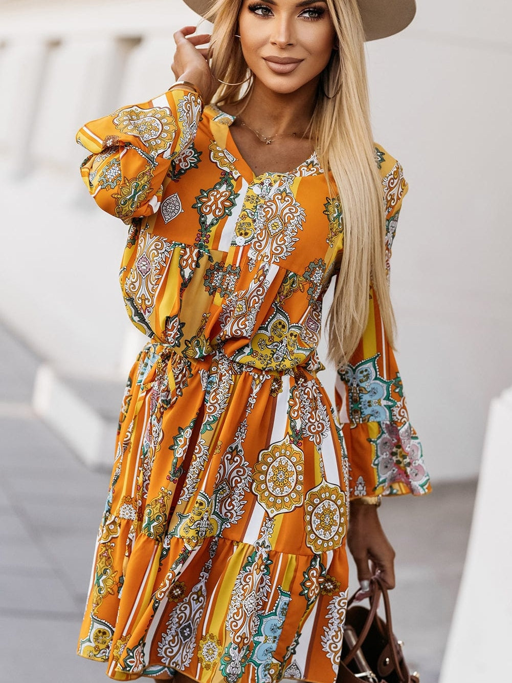 Bohemian Orange Geometric Print V Neck Mini Dress with Button Detail