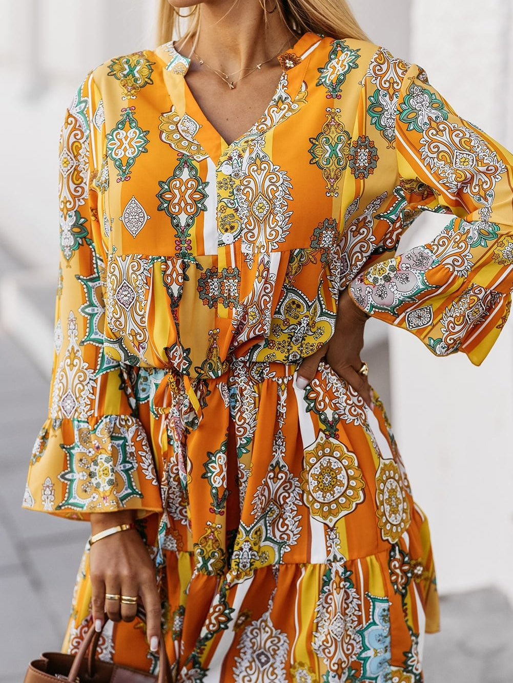 Bohemian Orange Geometric Print V Neck Mini Dress with Button Detail