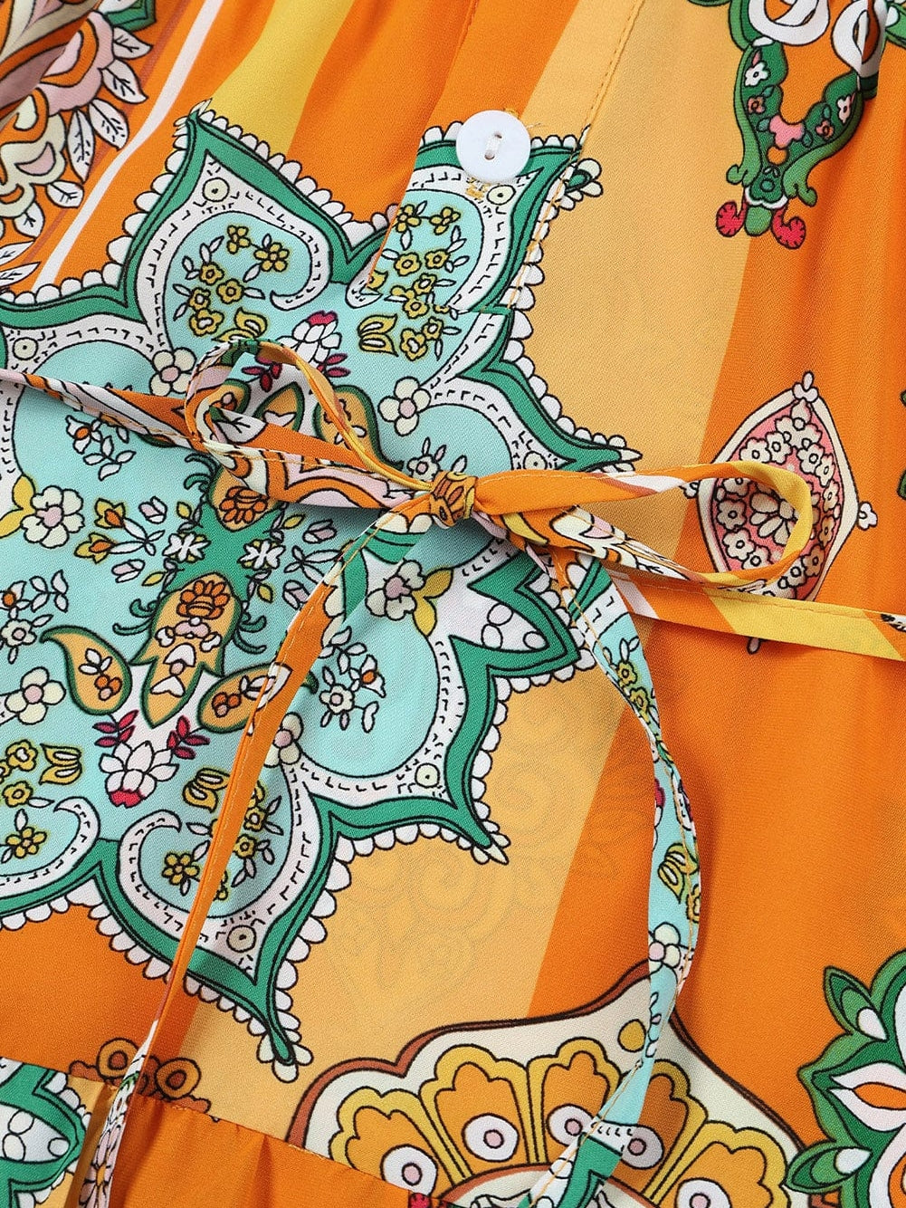 Bohemian Orange Geometric Print V Neck Mini Dress with Button Detail