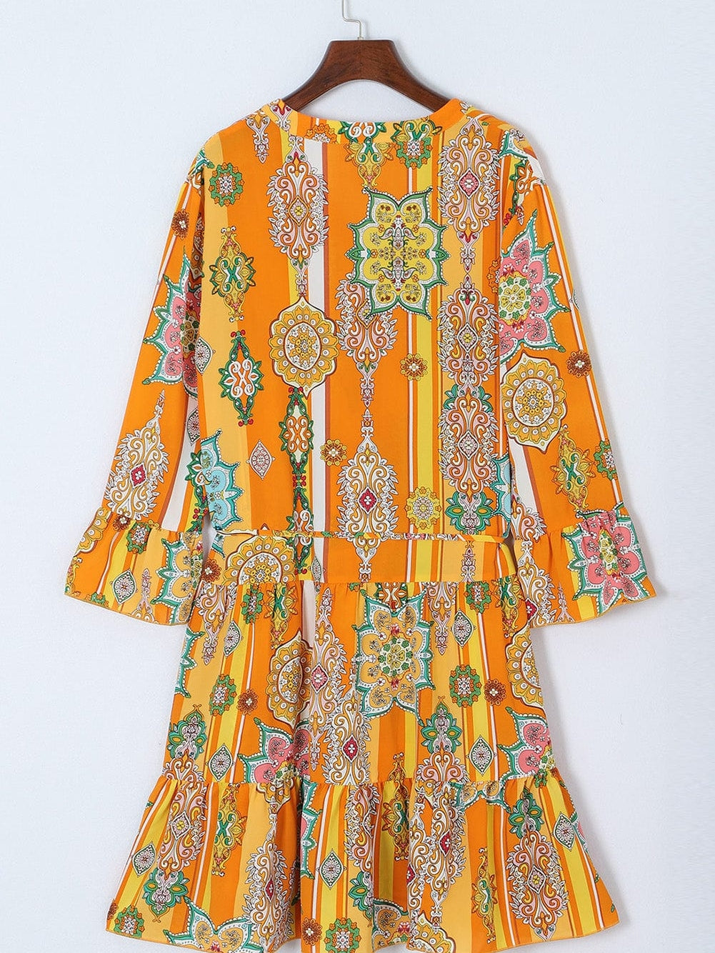 Bohemian Orange Geometric Print V Neck Mini Dress with Button Detail