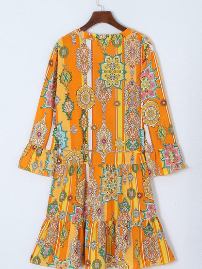 Bohemian Orange Geometric Print V Neck Mini Dress with Button Detail