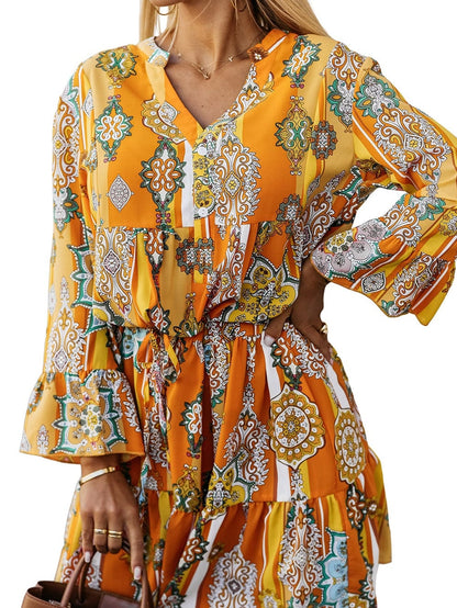 Bohemian Orange Geometric Print V Neck Mini Dress with Button Detail