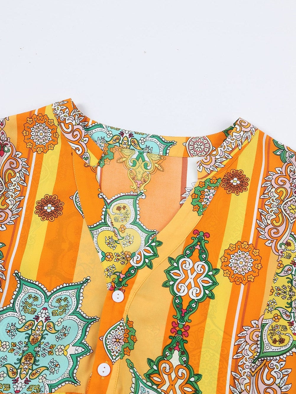 Bohemian Orange Geometric Print V Neck Mini Dress with Button Detail