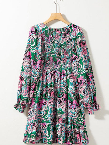Bohemian Paisley Print Smocked Boho Dress