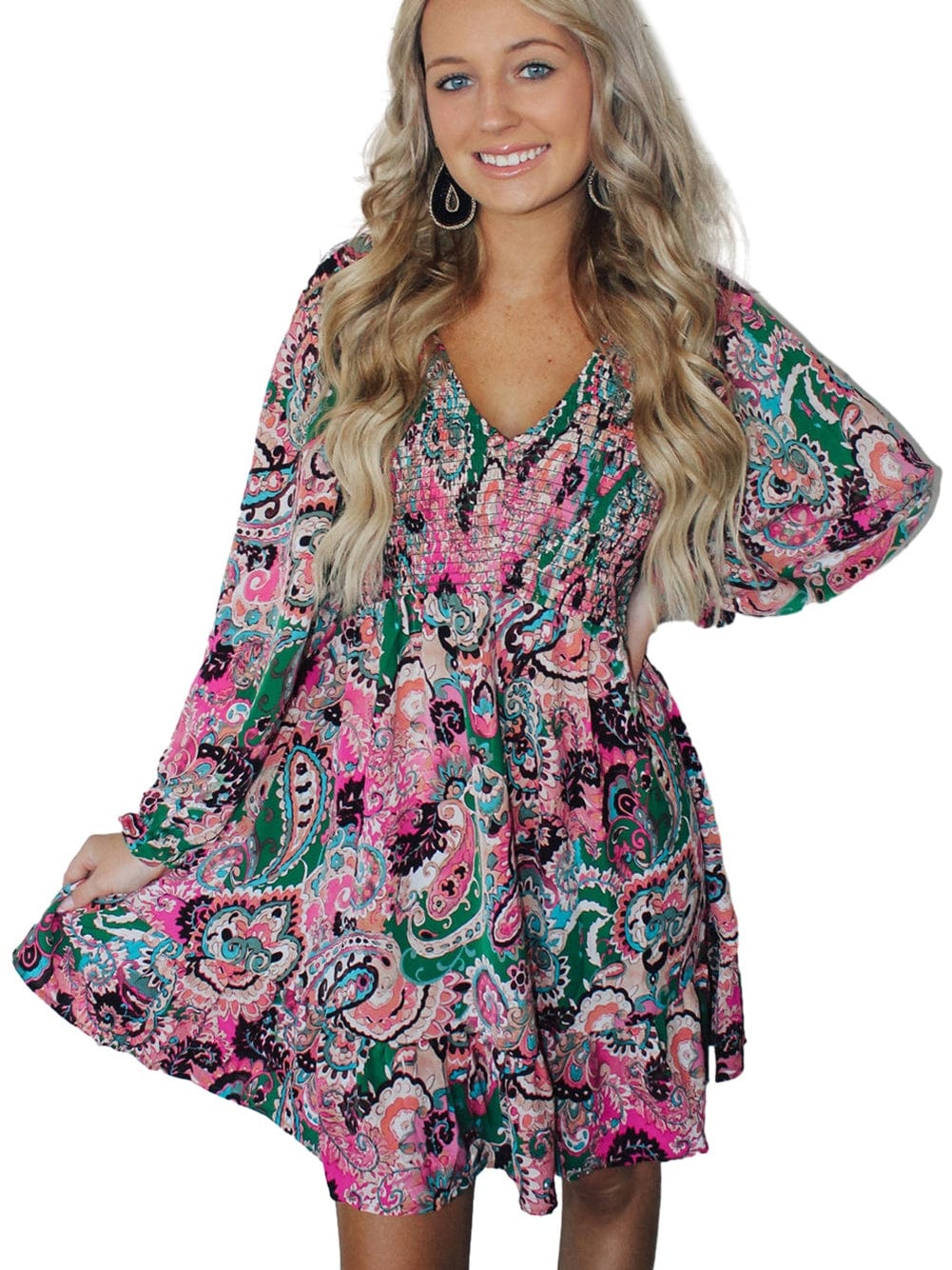 Bohemian Paisley Print Smocked Boho Dress