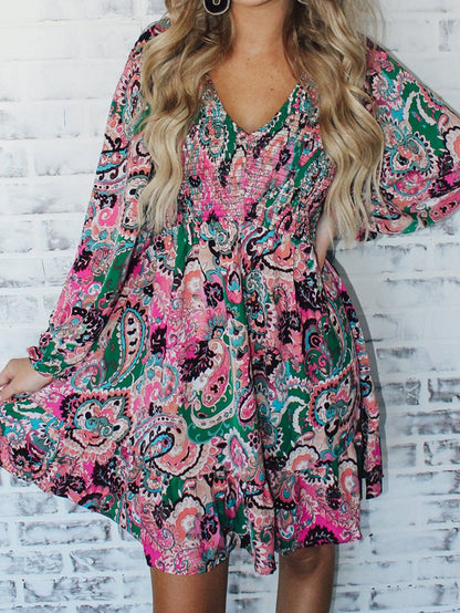 Bohemian Paisley Print Smocked Boho Dress