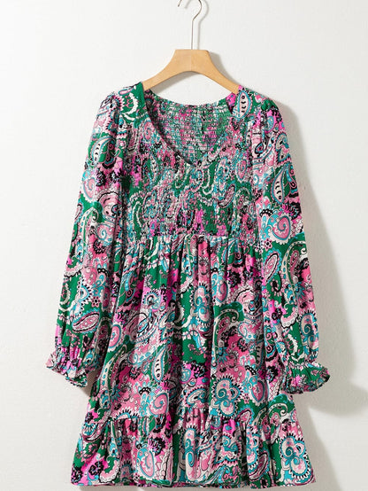 Bohemian Paisley Print Smocked Boho Dress