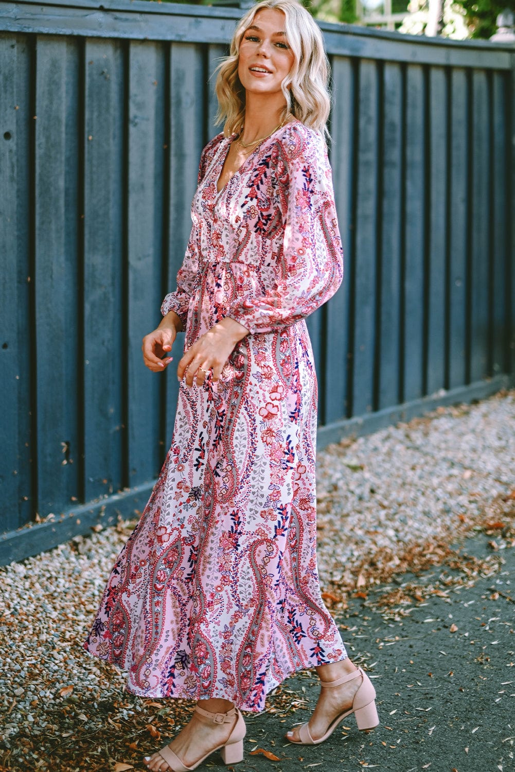 Bohemian Paisley Print V Neck Long Sleeve Maxi Dress with Empire Waist