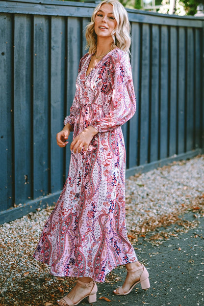 Bohemian Paisley Print V Neck Long Sleeve Maxi Dress with Empire Waist