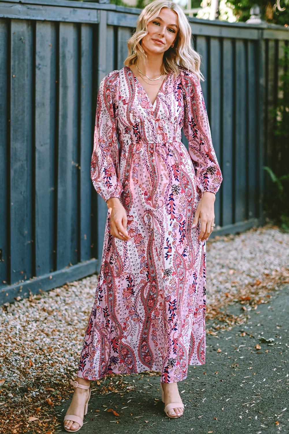 Bohemian Paisley Print V Neck Long Sleeve Maxi Dress with Empire Waist