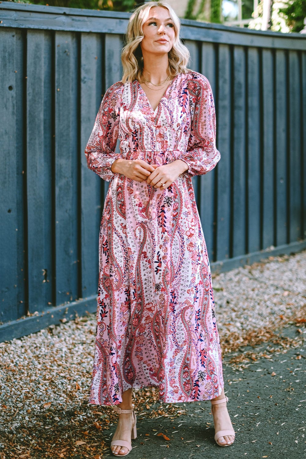 Bohemian Paisley Print V Neck Long Sleeve Maxi Dress with Empire Waist